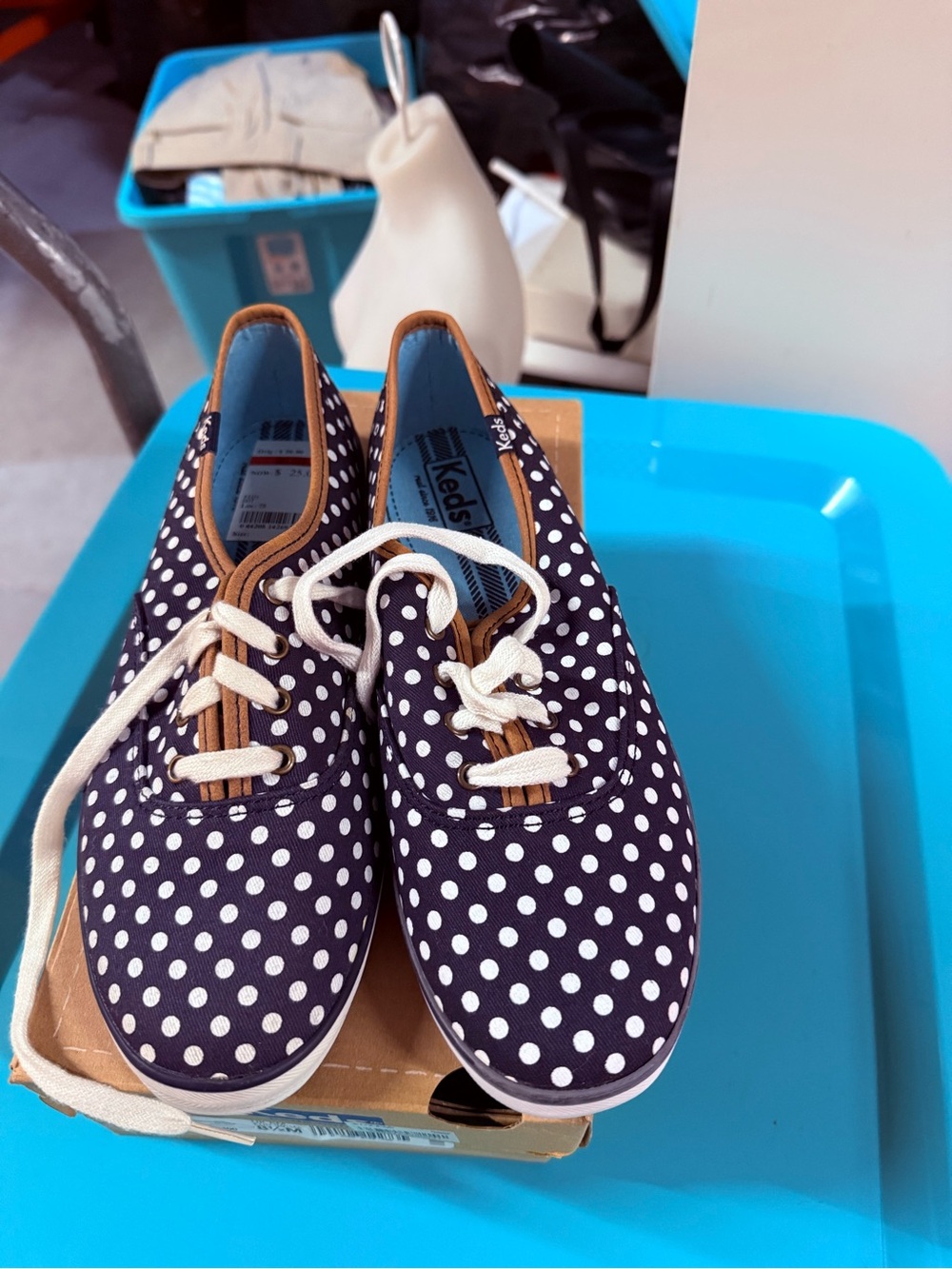 Keds Navy and White Polka Dot Canvas Sneakers with Tan Trim